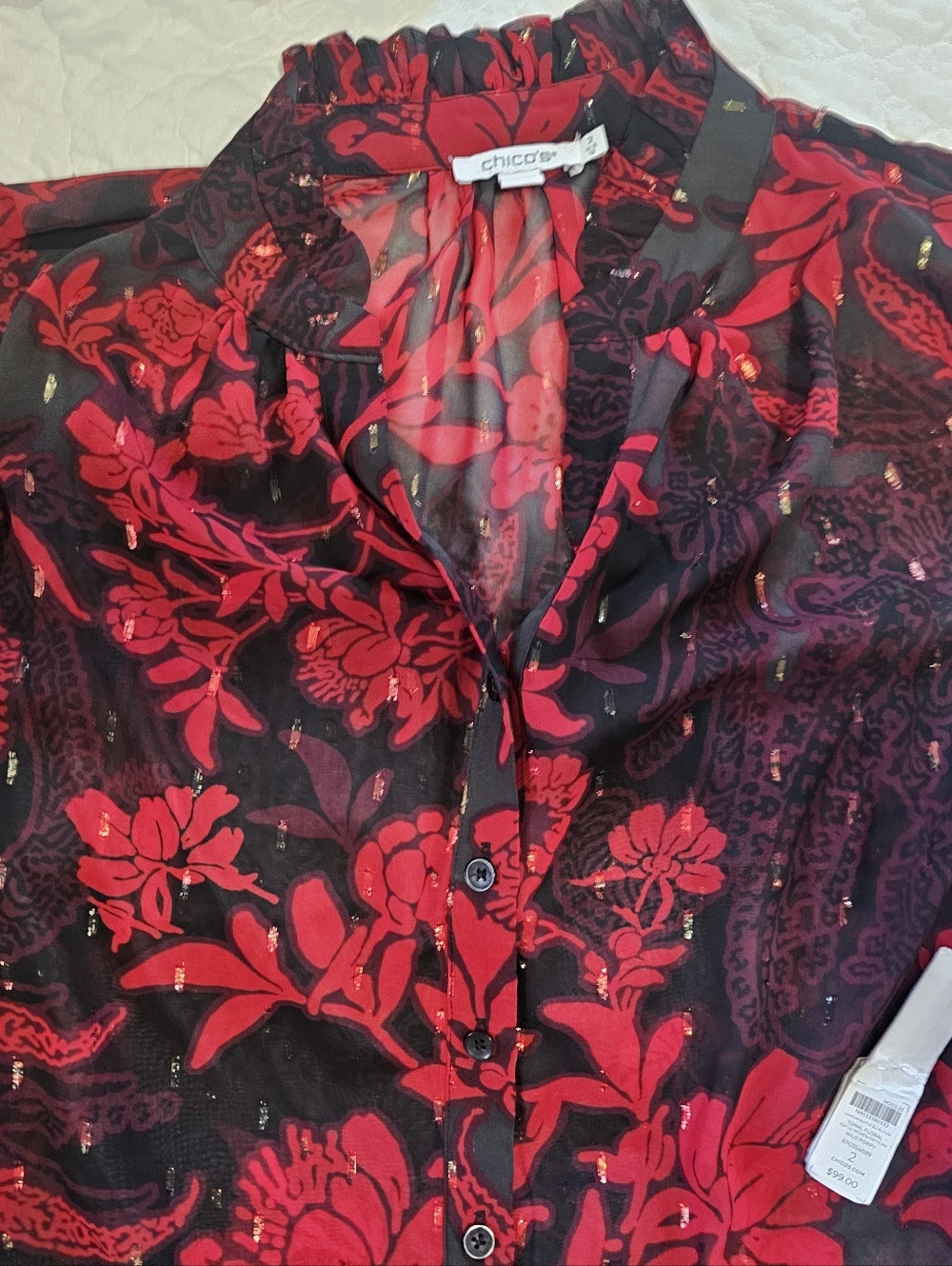Chicos Sheer Red Black Floral Ruffled Blouse NWT 2 - Picture 4 of 16
